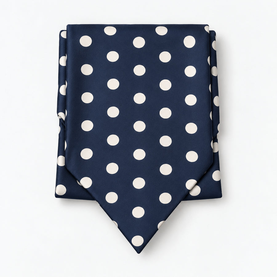 Navy Polka Silk Ascot — Compact folded display