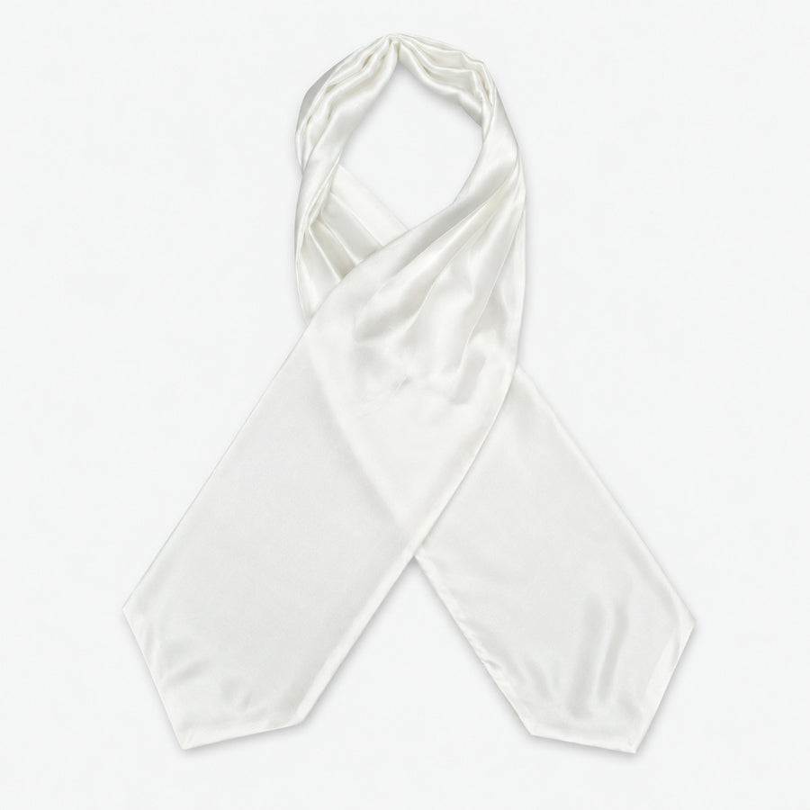 Pearl White Paradigm Silk Ascot — Crossed full-length layout