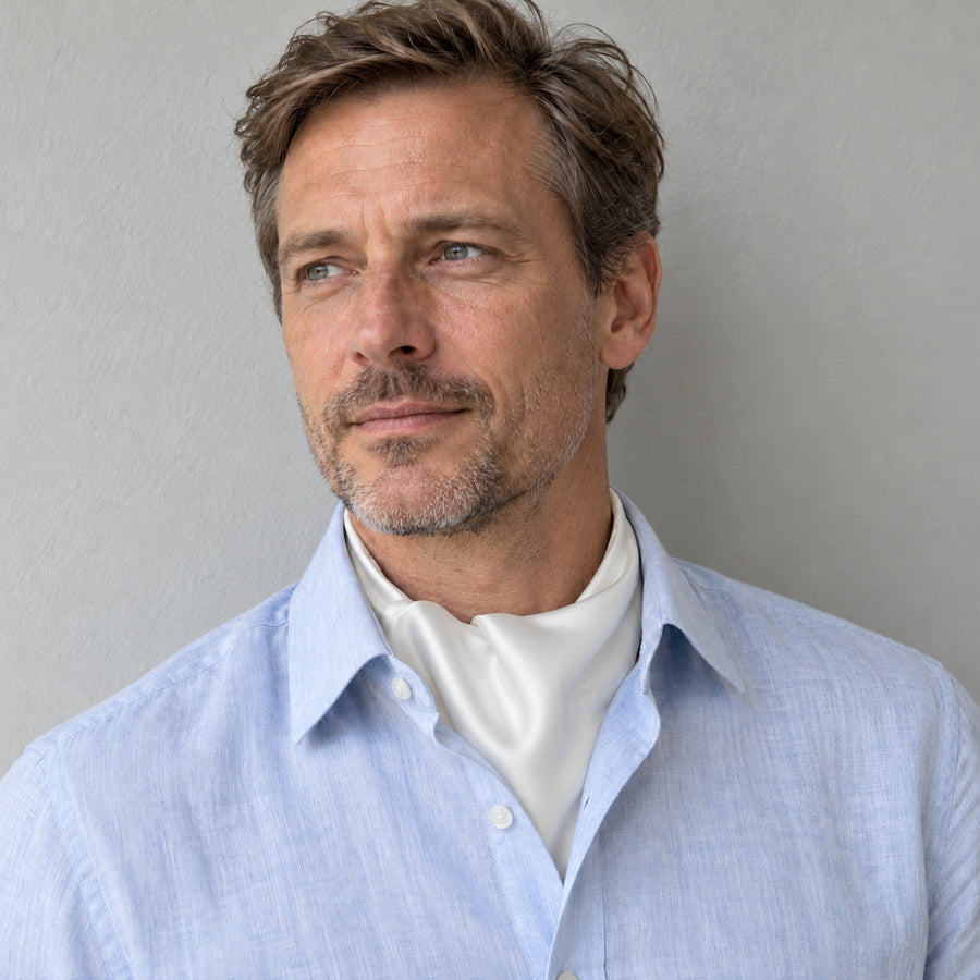 Pearl White Paradigm Silk Ascot — Shirt-only portrait