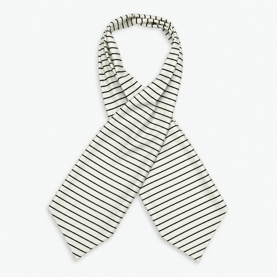Sleek Black & White Stripes Silk Ascot — Crossed full-length layout