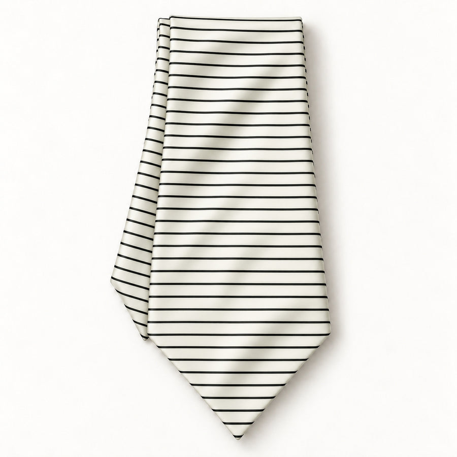Sleek Black & White Stripes Silk Ascot — Long folded presentation