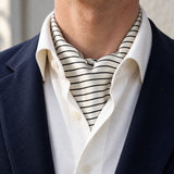 Sleek Black & White Stripes Silk Ascot — Navy · soft knot detail