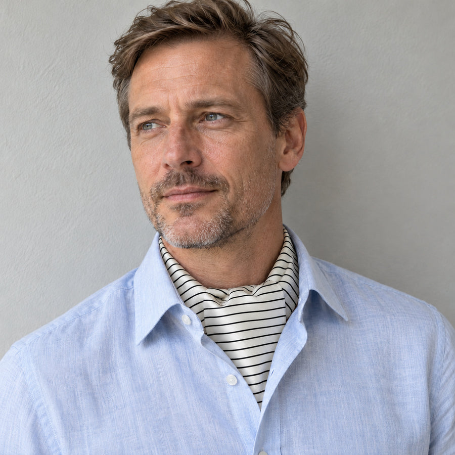Sleek Black & White Stripes Silk Ascot — Shirt-only portrait