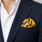 Morning Bird pocket square — navy jacket · wearing detail.