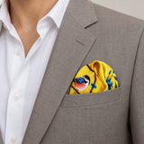 Morning Bird pocket square — light jacket · wearing detail.