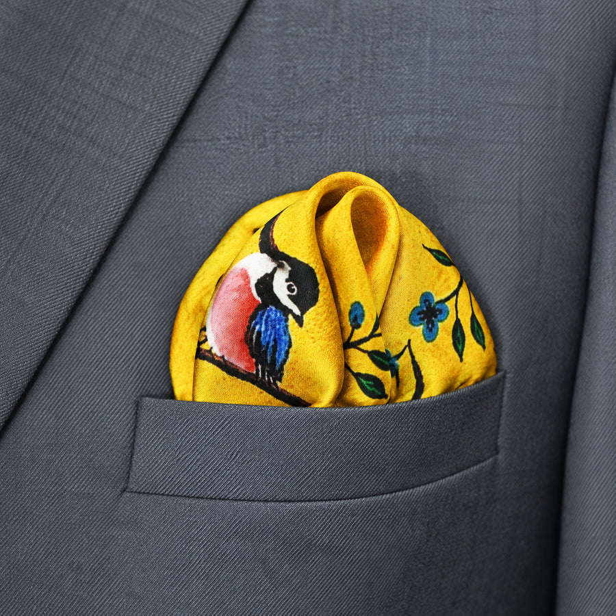 Morning Bird pocket square — close-up wearing detail.