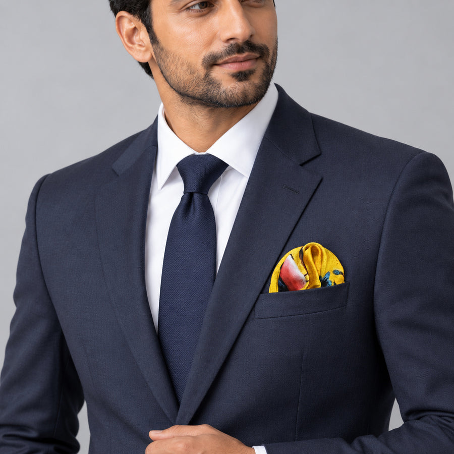 Morning Bird pocket square — formal model · navy and tie.