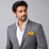 Morning Bird pocket square — model · light grey and open collar.