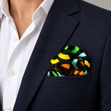 Multi Doodle Art pocket square — navy jacket · wearing detail.
