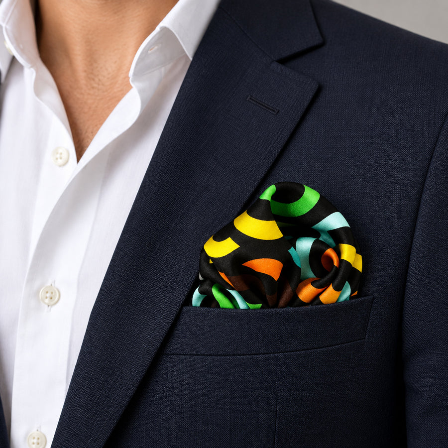 Multi Doodle Art pocket square — navy jacket · wearing detail.