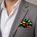 Multi Doodle Art pocket square — light jacket · wearing detail.