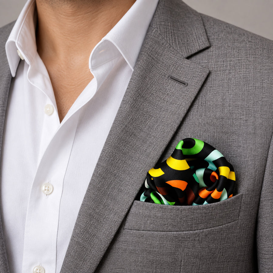 Multi Doodle Art pocket square — light jacket · wearing detail.