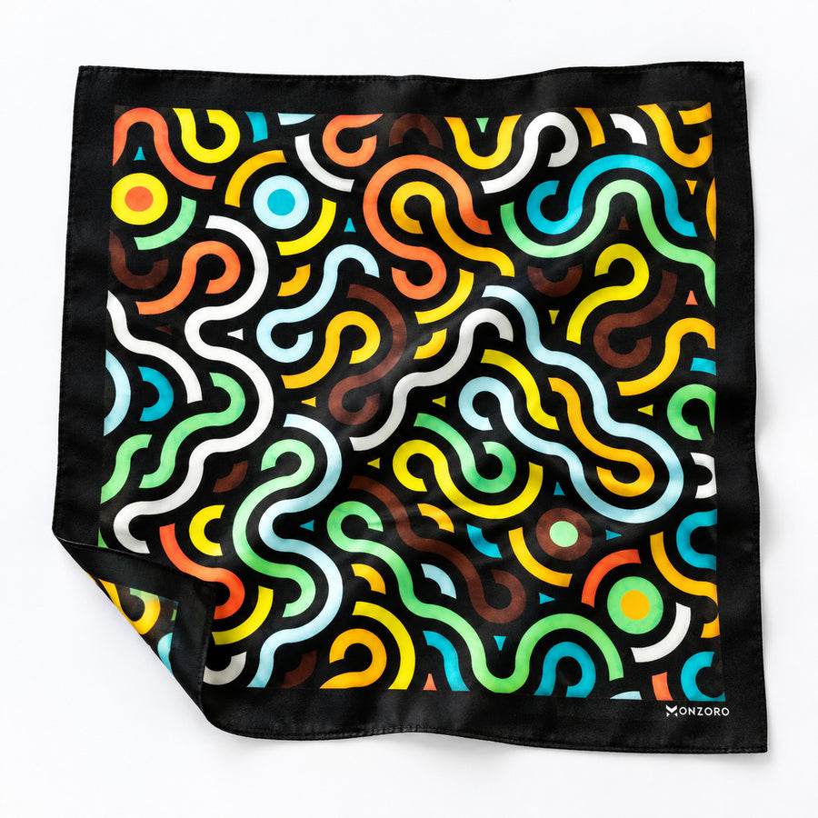 Multi Doodle Art pocket square — unfolded studio detail.