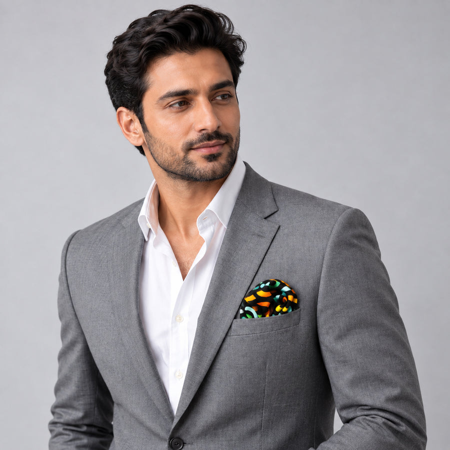 Multi Doodle Art pocket square — model · light grey and open collar.