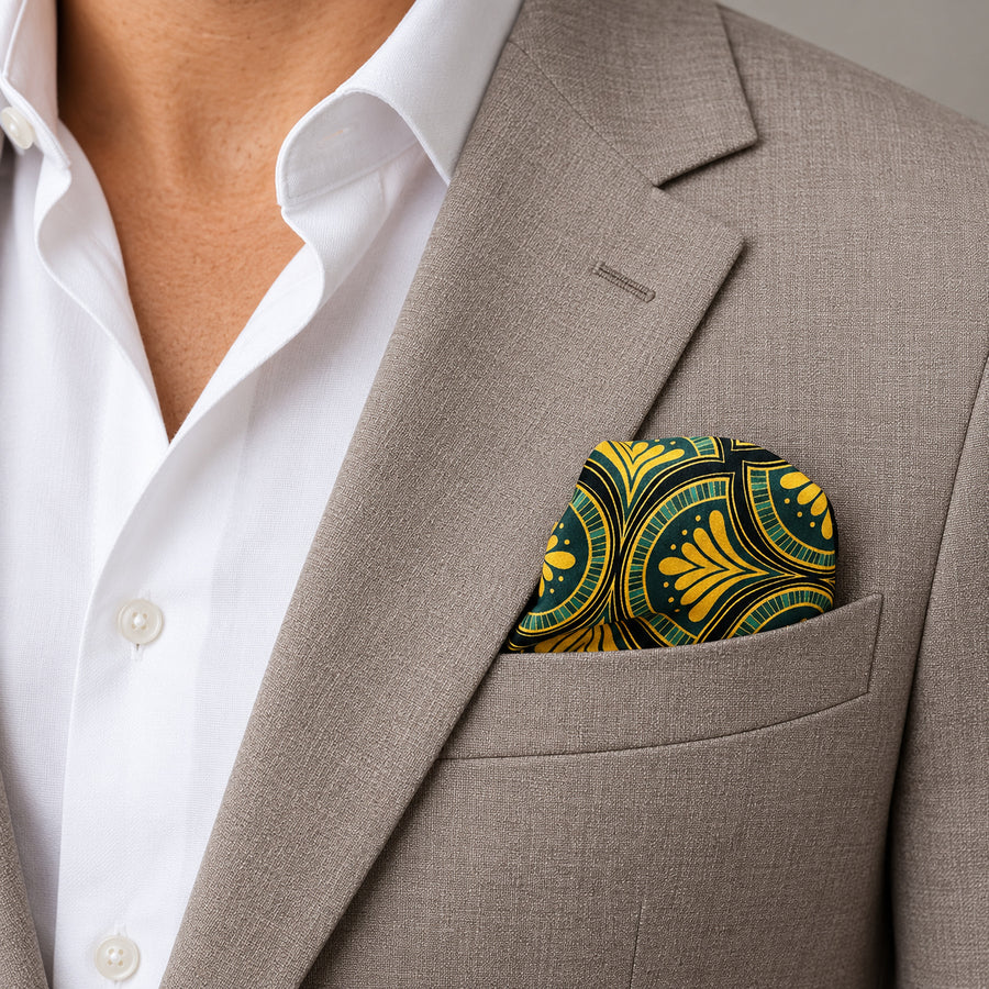 Mustard Botanical pocket square — light jacket · wearing detail.