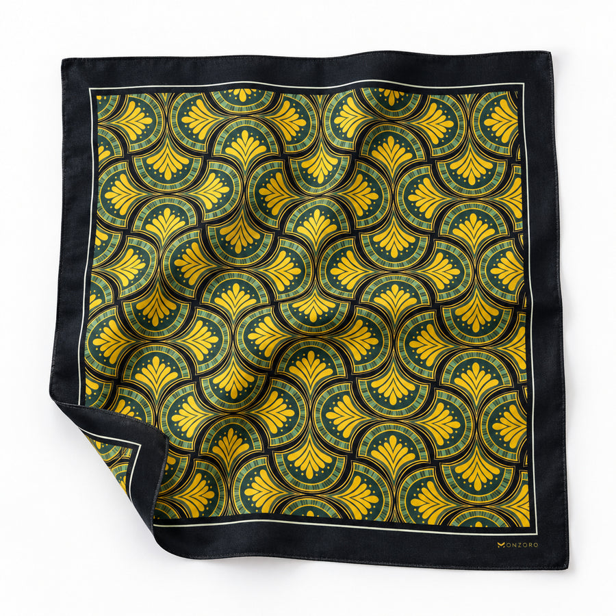 Mustard Botanical pocket square — unfolded studio detail.