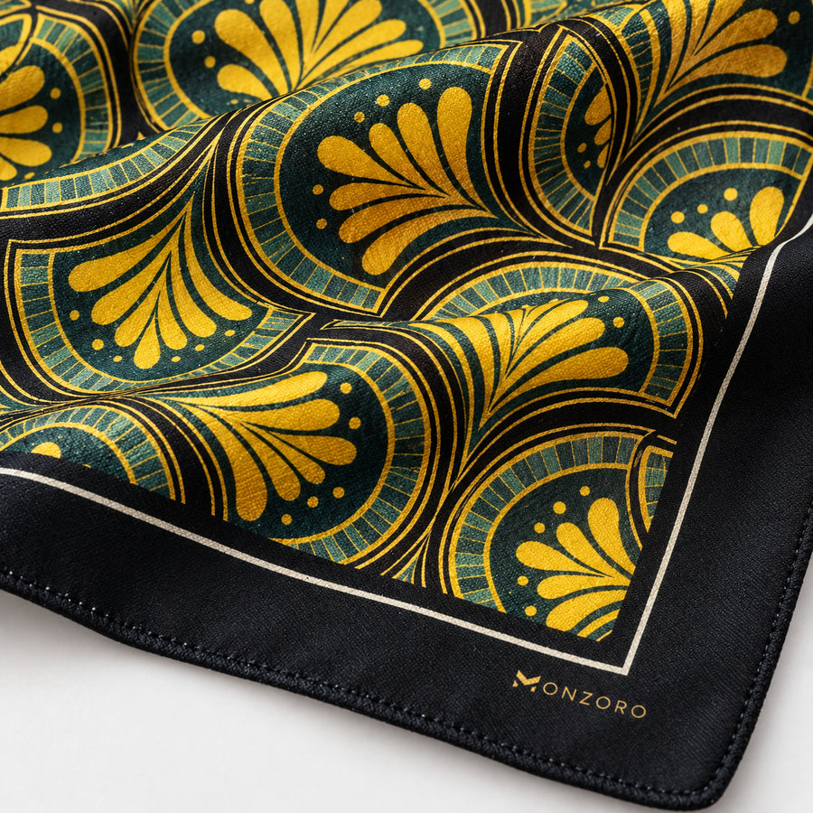 Mustard Botanical pocket square — fabric and design close-up.