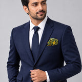 Mustard Botanical pocket square — formal model · navy and tie.