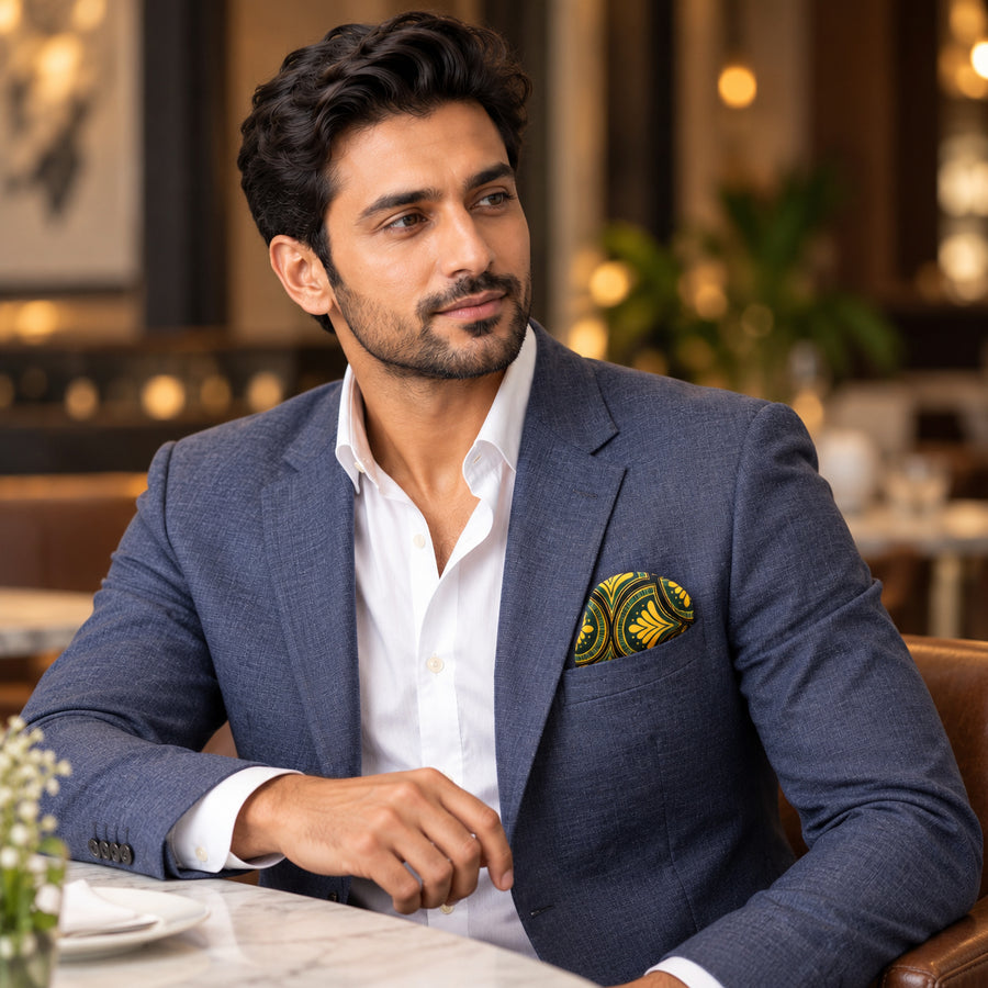 Mustard Botanical pocket square — restaurant lifestyle.