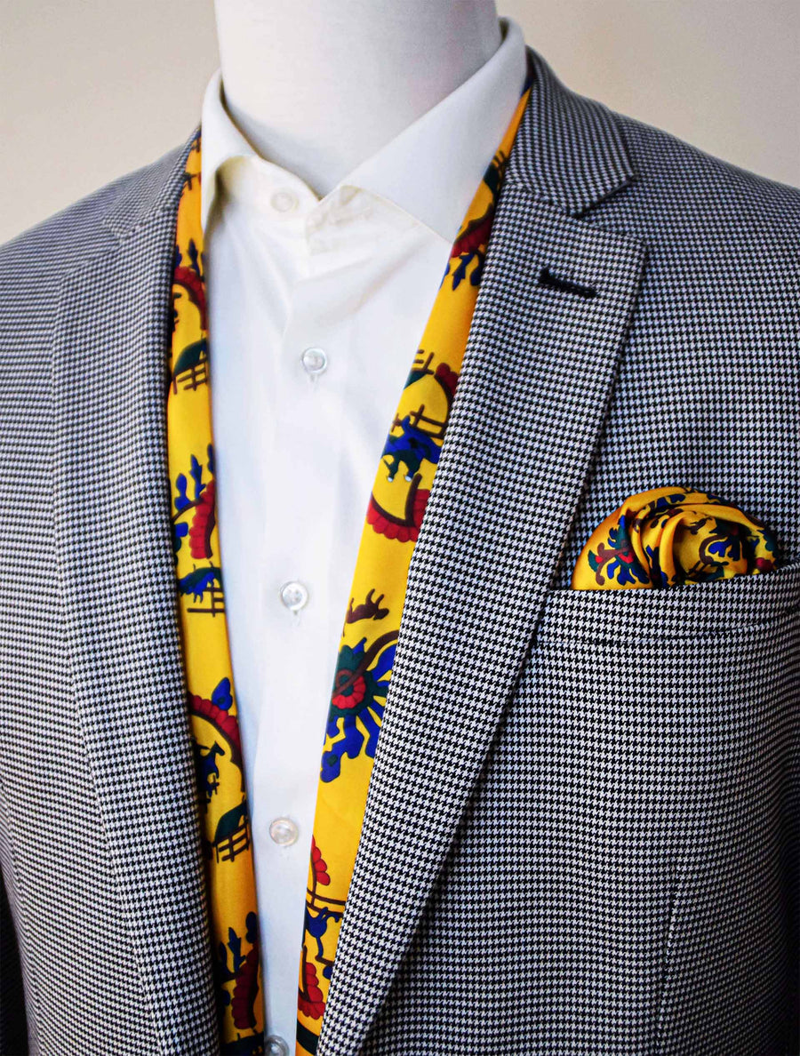 Mustard Paisley & Floral - Silk Scarf & Pocket Square Set - Combo Sets | Monzoro Pakistan