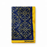 Navy and Gold Rugs pocket square — folded product.