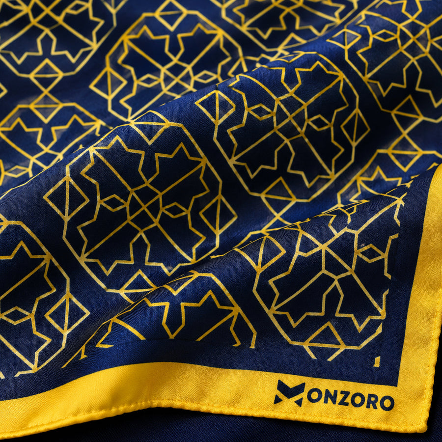 Navy and Gold Rugs pocket square — fabric and design close-up.