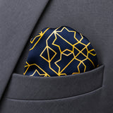 Navy and Gold Rugs pocket square — close-up wearing detail.