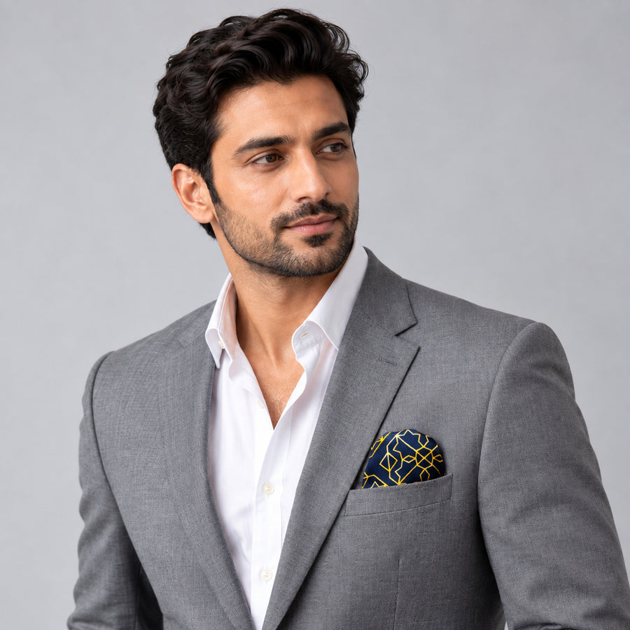 Navy and Gold Rugs pocket square — model · light grey and open collar.