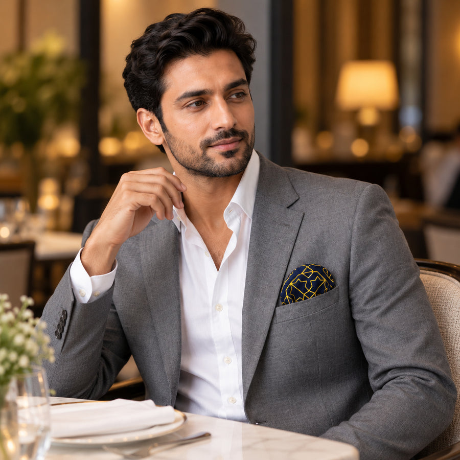 Navy and Gold Rugs pocket square — restaurant lifestyle.