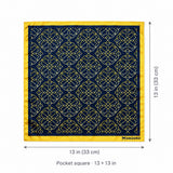 Navy and Gold Rugs pocket square — size guide.