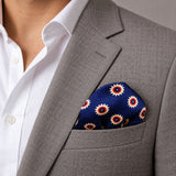 Navy Blue and Gold Reversible pocket square — light jacket · wearing detail.