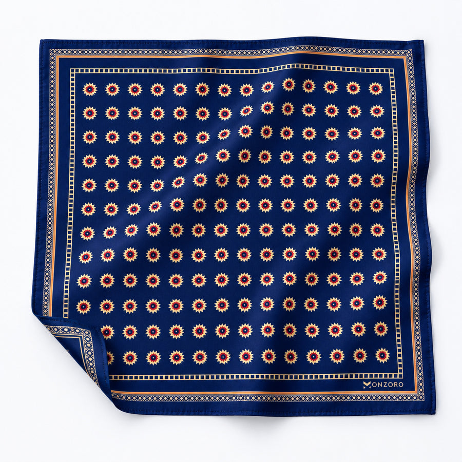 Navy Blue and Gold Reversible pocket square — unfolded studio detail.