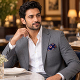 Navy Blue and Gold Reversible pocket square — restaurant lifestyle.