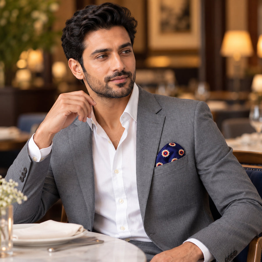 Navy Blue and Gold Reversible pocket square — restaurant lifestyle.
