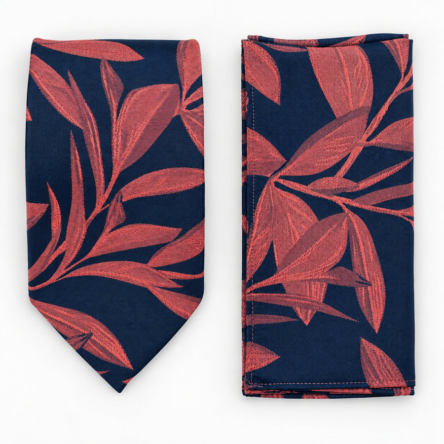 Navy Coral Laurel Leaf silk tie and matching pocket square — Matching weave and hem