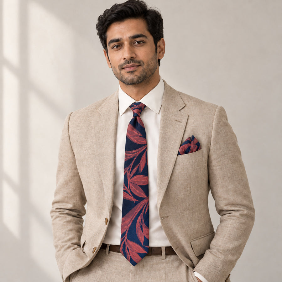 Navy Coral Laurel Leaf silk tie and matching pocket square — Light beige · studio portrait
