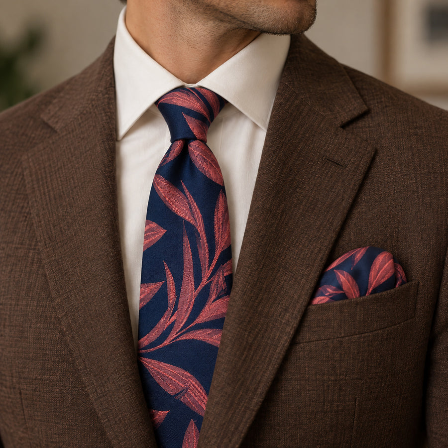 Navy Coral Laurel Leaf silk tie and matching pocket square — Tobacco brown · notch lapel