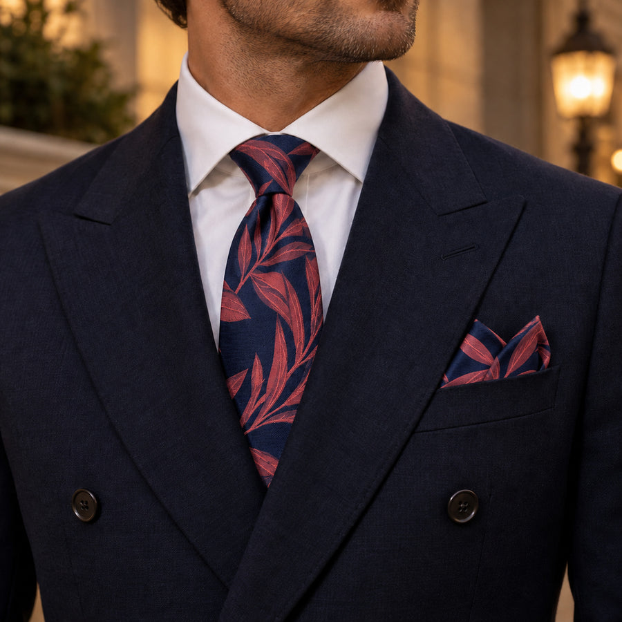 Navy Coral Laurel Leaf silk tie and matching pocket square — Midnight blue · evening detail