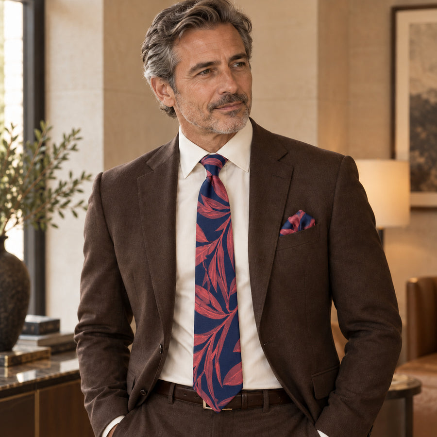 Navy Coral Laurel Leaf silk tie and matching pocket square — Deep brown · relaxed portrait