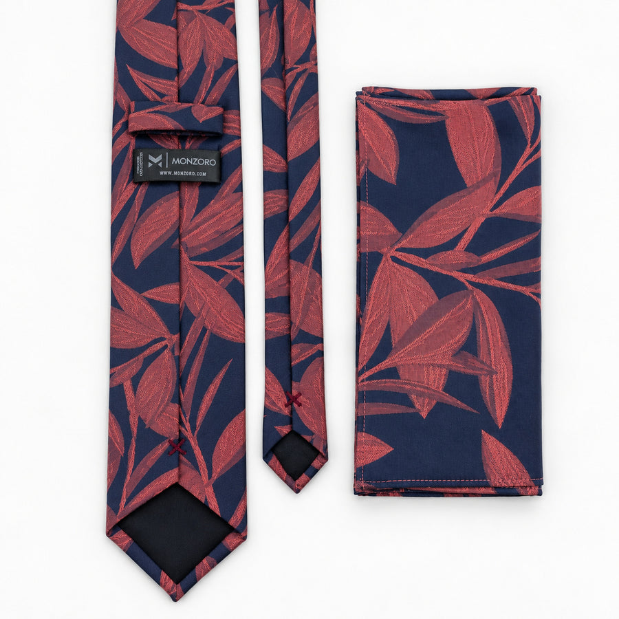 Navy Coral Laurel Leaf silk tie and matching pocket square — Rear construction and matching fold