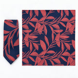 Navy Coral Laurel Leaf silk tie and matching pocket square — Full square · overhead pair