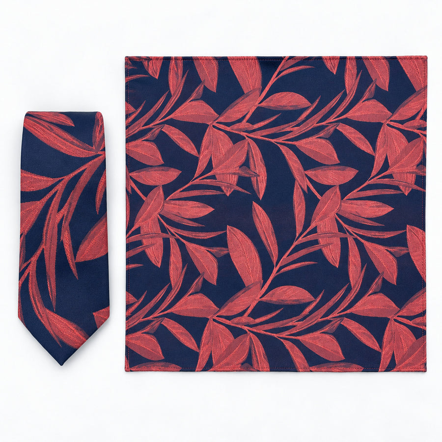 Navy Coral Laurel Leaf silk tie and matching pocket square — Full square · overhead pair