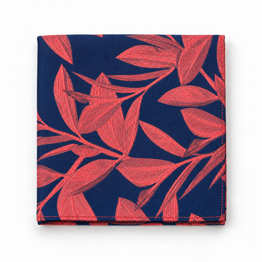 Navy Coral Laurel Leaf Silk Pocket Square — folded product.