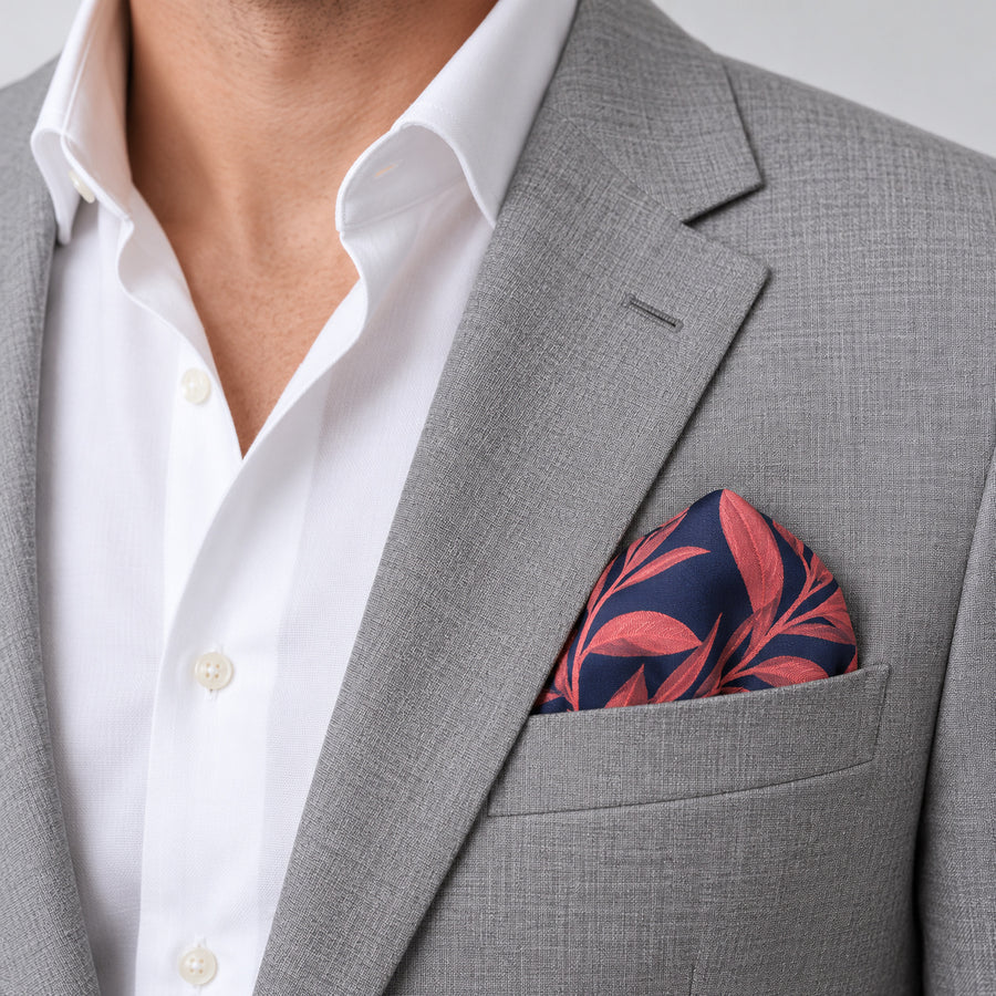 Navy Coral Laurel Leaf Silk Pocket Square — light jacket · rounded puff.