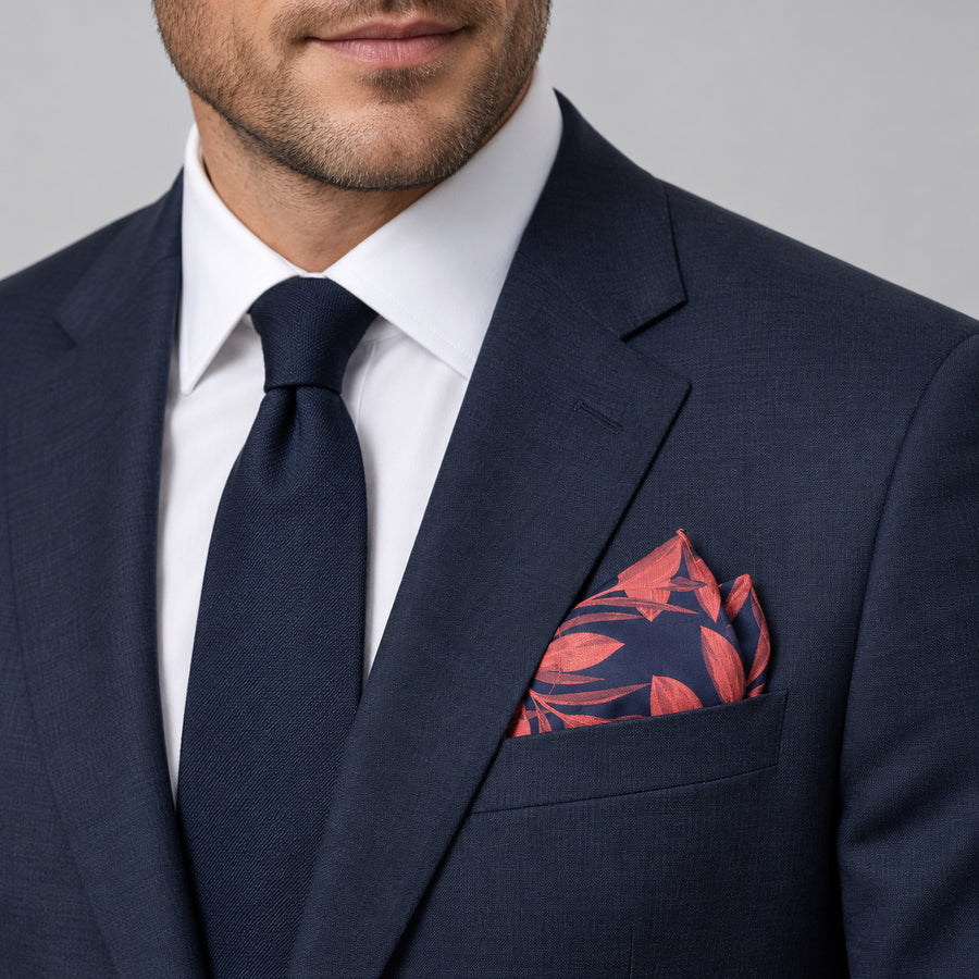 Navy Coral Laurel Leaf Silk Pocket Square — formal model · navy and tie.