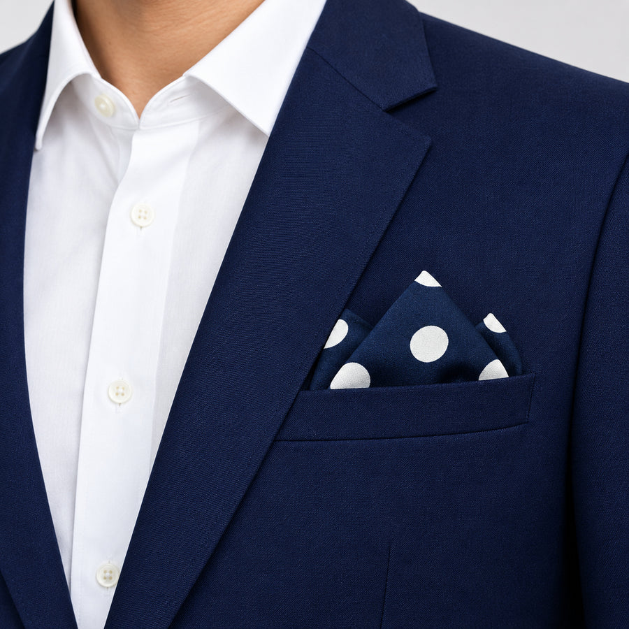 Navy Blue Polka Dots Medium pocket square — navy jacket · alternate fold.