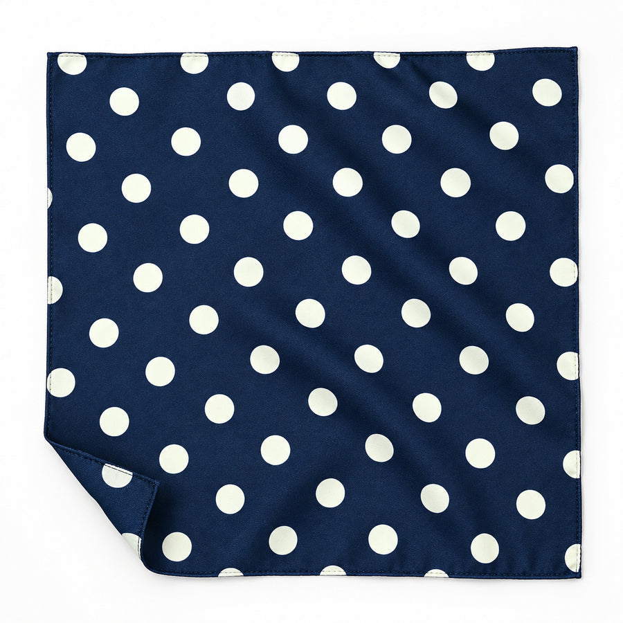 Navy Blue Polka Dots Medium pocket square — unfolded studio detail.