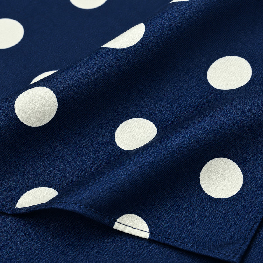 Navy Blue Polka Dots Medium pocket square — fabric and design close-up.