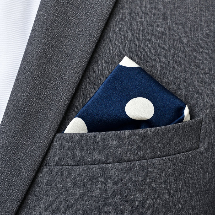 Navy Blue Polka Dots Medium pocket square — close-up wearing detail.