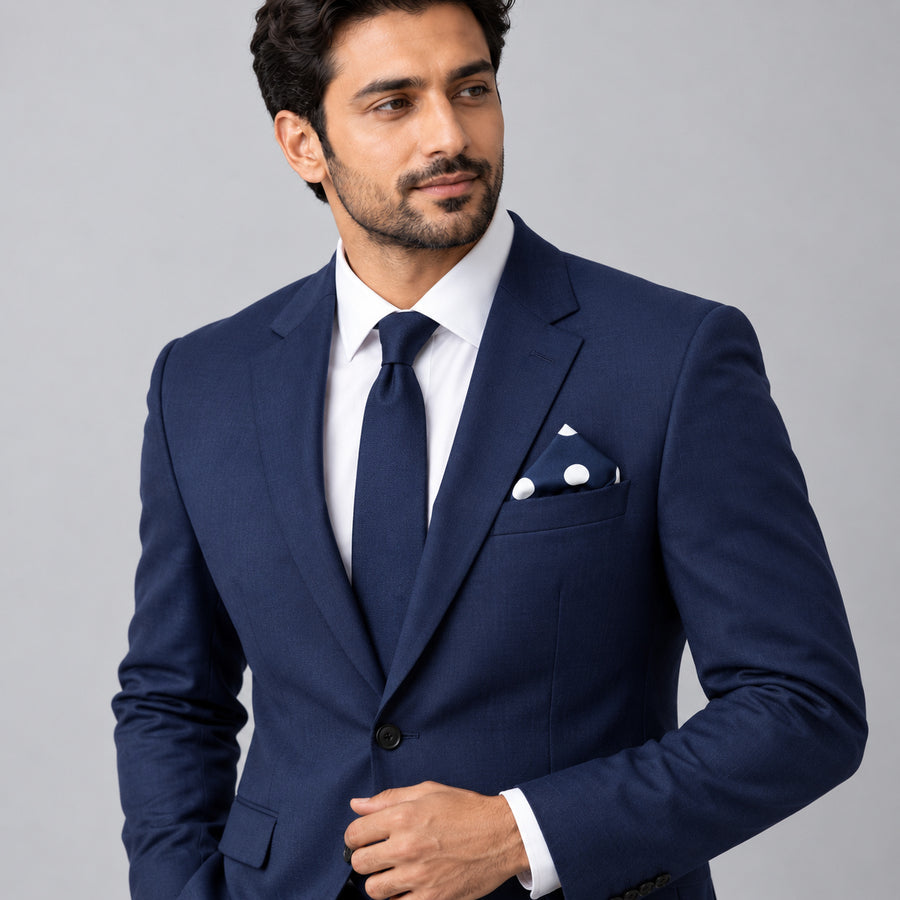 Navy Blue Polka Dots Medium pocket square — formal model · navy and tie.